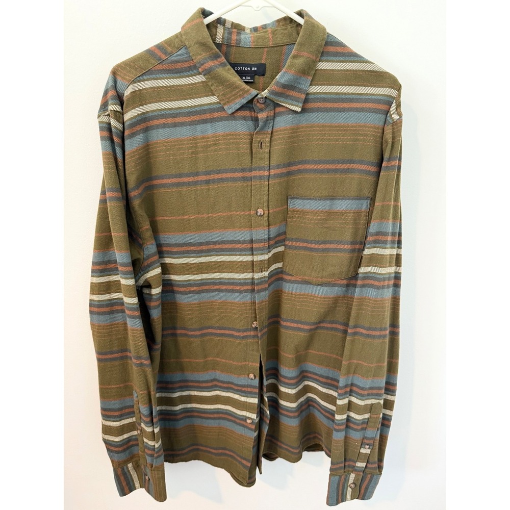 Cotton on Men's Shirt Tan Khaki Pink Red X-Large Flannel Plaid Button-Up